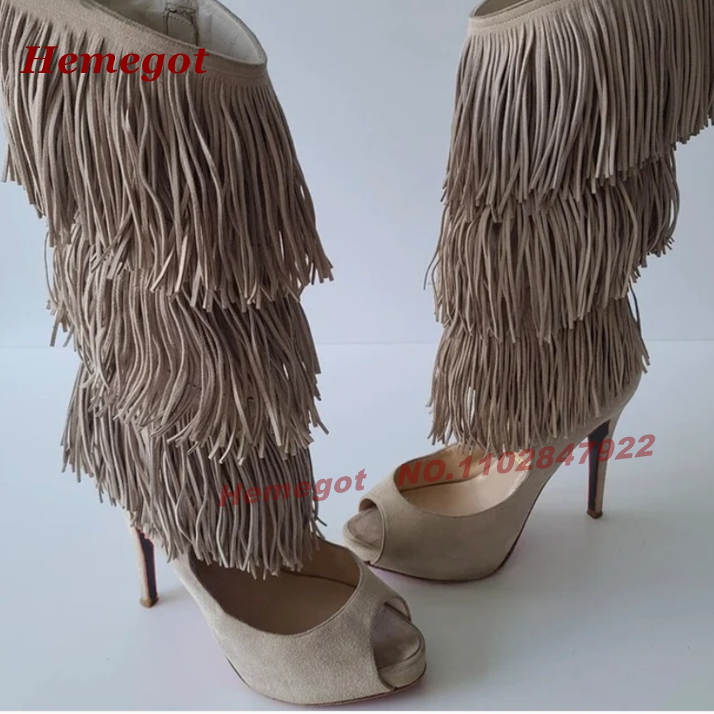 Tiered Fringe Peep‑Toe High He - Knee High Boots Women review and price