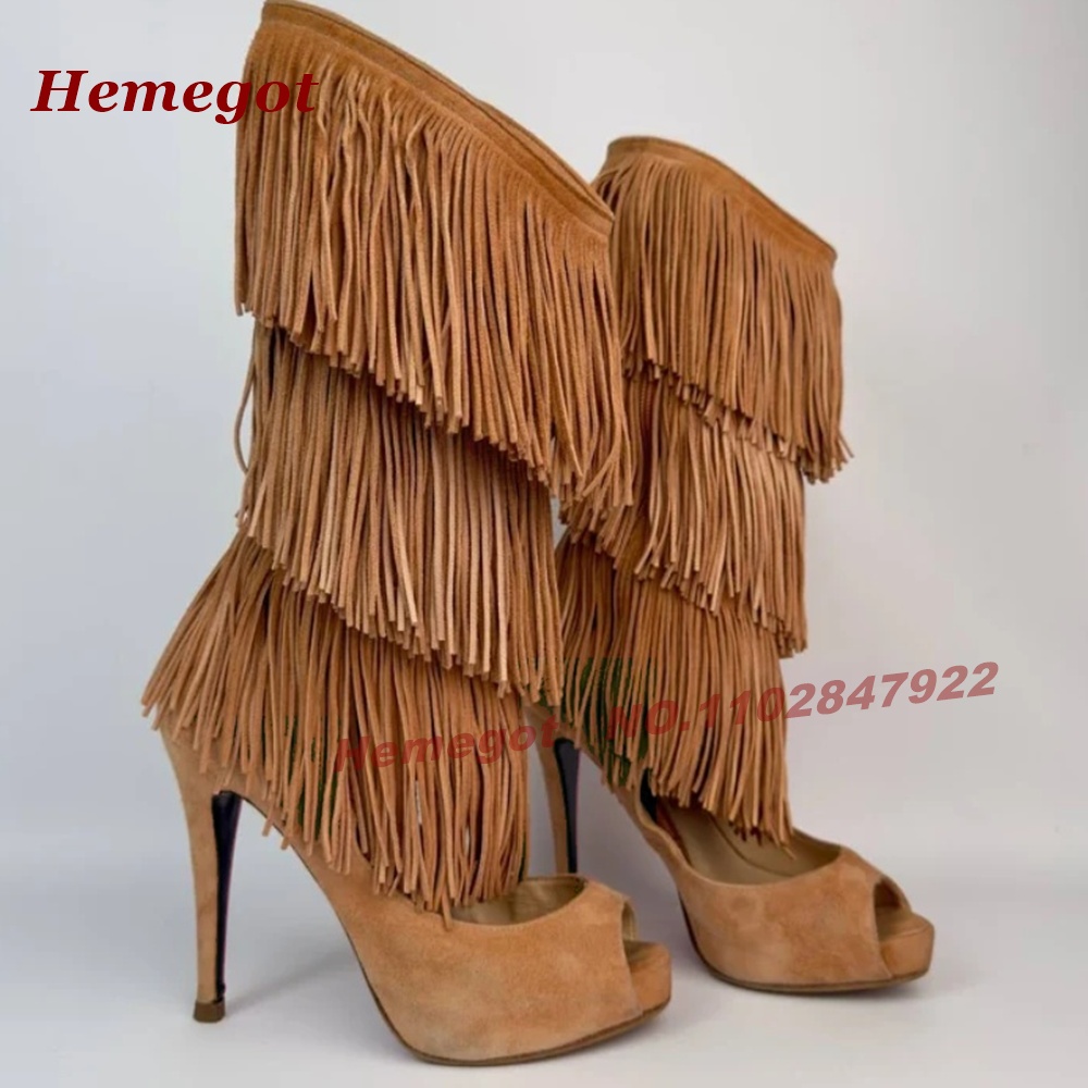 Tiered Fringe Peep‑Toe High He - Knee High Boots Women review and price