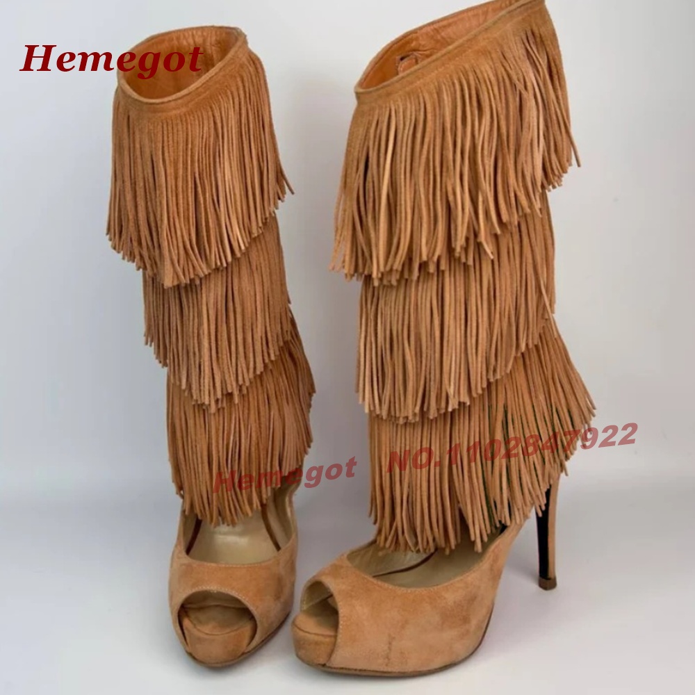 Tiered Fringe Peep‑Toe High He - Knee High Boots Women review and price